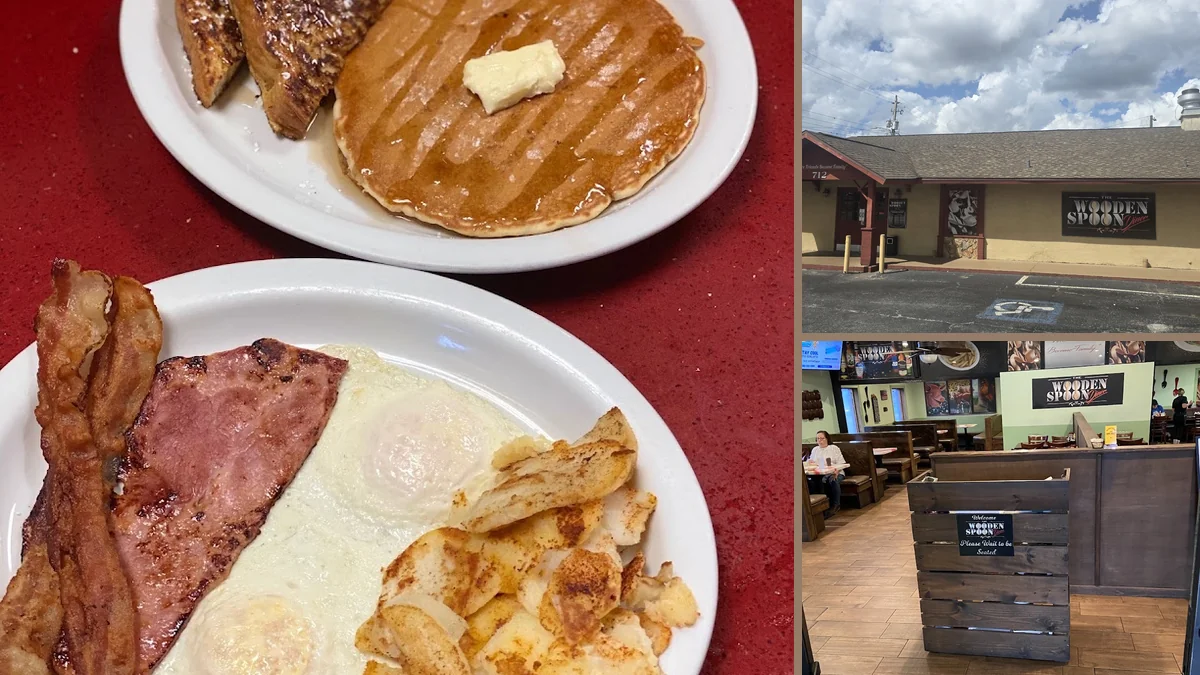 Classic diner tables with simple breakfast plates.