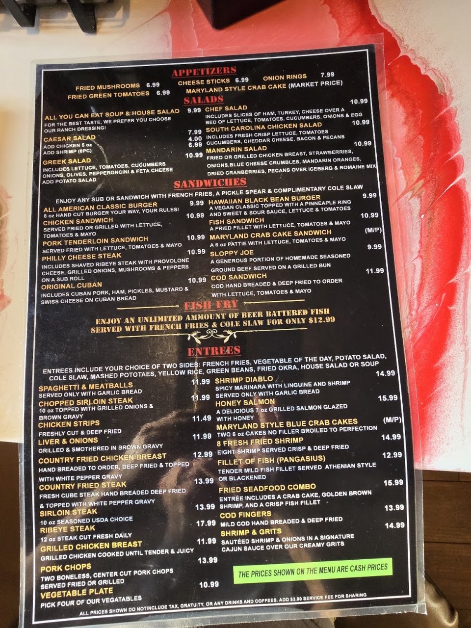 Diner menu page with appetizers and salads.